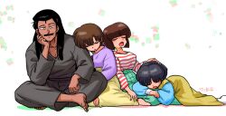 Rule 34 | 1boy, 3girls, artist name, barefoot, black hair, blue shirt, blunt bangs, blunt ends, bob cut, breasts, brown hair, brown pants, brown shirt, closed eyes, closed mouth, commentary, dress, drooling, elbow on knee, elbow rest, facial hair, family, father and daughter, green pants, hair over shoulder, hair slicked back, hand on another&#039;s head, hand on another&#039;s leg, hand on another&#039;s shoulder, hand on own leg, head rest, highres, indian style, inverted bob, lap pillow, large breasts, leaning on person, light smile, long hair, long skirt, long sleeves, lying, multiple girls, mustache, on stomach, open mouth, pants, pinafore dress, ranma 1/2, red shirt, shirt, short hair, siblings, signature, sisters, sitting, skirt, sleeping, sleeveless, sleeveless dress, smile, smirk, socks, striped clothes, striped shirt, tendou akane, tendou kasumi, tendou nabiki, tendou souun, two-tone shirt, wanta (futoshi), white background, white shirt, white socks, yellow dress, yellow skirt