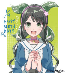Rule 34 | 1girl, 1other, :d, black hair, chabashira tenko, choker, commentary request, danganronpa (series), danganronpa v3: killing harmony, dated, green background, green eyes, hair ornament, hair ribbon, hairband, halftone, halftone background, happy birthday, holding hands, long hair, long sleeves, looking at viewer, low twintails, mole, mole under mouth, nanao (nanao1023), open mouth, pink hairband, ribbon, school uniform, shirt, skirt, smile, solo focus, twintails, white ribbon