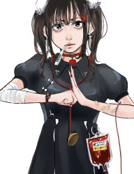 Rule 34 | 1girl, absurdres, bandaged arm, bandages, bandaid, black dress, black eyes, black hair, black nails, blood, blood bag, bun cover, choker, clenched hand, double bun, dress, earrings, hair bun, highres, ila (nnnnnnnn8), intravenous drip, jewelry, medium hair, nail polish, red choker, simple background, solo, stethoscope, syringe earrings, thermometer, watch, white background, wristwatch
