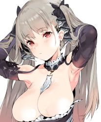 Rule 34 | 1girl, armpits, azur lane, bare shoulders, between breasts, black dress, blush, breasts, cleavage, closed mouth, collarbone, dress, earrings, formidable (azur lane), frilled dress, frills, grey hair, hair ribbon, hands in hair, hands up, head tilt, highres, jewelry, large breasts, long hair, long sleeves, looking at viewer, magaeshi, red eyes, ribbon, simple background, solo, twintails, white background