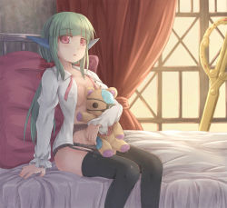 Rule 34 | 10s, 1girl, arm support, battle girl high school, bed, black panties, breasts, cleavage, hair ribbon, highres, hikari niji, leotard, long hair, looking at viewer, no bra, no pants, on bed, open clothes, open shirt, panties, pillow, ribbon, robot ears, sadone, shirt, sitting, solo, stuffed animal, stuffed toy, teddy bear, thighhighs, twintails, underwear