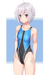 Rule 34 | 1girl, absurdres, ahoge, black one-piece swimsuit, blue background, breasts, commentary request, competition swimsuit, cowboy shot, grey hair, hair between eyes, highres, itomi sayaka, multicolored clothes, multicolored swimsuit, one-piece swimsuit, purple eyes, short hair, small breasts, solo, standing, swimsuit, takafumi, toji no miko, two-tone background, variant set, yagasuri
