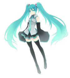 Rule 34 | 1girl, aqua eyes, aqua hair, asc (sfhiro), detached sleeves, hatsune miku, highres, long hair, necktie, simple background, skirt, sleeves past wrists, solo, thighhighs, twintails, very long hair, vocaloid, white background