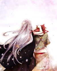 Rule 34 | 2girls, back, cloak, gradient background, grey hair, hand on head, height difference, long hair, multiple girls, patting, pixiv fantasia, pixiv fantasia 5, red hair, sanctuary-of-apricot, standing, very long hair