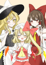 3girls absurdres apron arm_behind_back ascot black_skirt black_vest blonde_hair blush bow braid brown_hair closed_eyes closed_mouth commentary_request detached_sleeves fang finger_counting flandre_scarlet frilled_bow frilled_hair_tubes frills grin hair_bow hair_tubes hakurei_reimu hat hat_bow highres index_finger_raised kirisame_marisa long_hair looking_at_viewer mikan_763 multiple_girls one_eye_closed open_mouth puffy_short_sleeves puffy_sleeves red_bow red_eyes red_skirt short_sleeves side_braid single_braid skin_fang skirt skirt_set smile touhou v vest waist_apron white_apron white_bow witch_hat wrist_cuffs yellow_ascot yellow_eyes