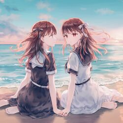 Rule 34 | 2girls, arm support, barefoot, beach, belt, black belt, black bow, black sailor collar, black skirt, blue sky, bow, brown hair, feet, foot out of frame, from behind, gradient sky, hair bow, highres, hiten (hitenkei), holding hands, long hair, looking at another, looking at viewer, looking back, looking to the side, multiple girls, ocean, on ground, original, outdoors, parted lips, pink sky, sailor collar, sand, school uniform, short sleeves, sitting, skirt, sky, soles, striped, striped bow, sunset, toes, white belt, white bow, white sailor collar, white skirt, yokozuwari