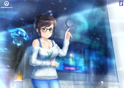 Rule 34 | 1girl, artist name, bad id, bad pixiv id, black-framed eyewear, blue pants, blue shirt, breasts, brown eyes, brown hair, chinchongcha, cleavage, collarbone, drawing, drone, floating, glass, glasses, gloves, hair bun, hair ornament, hair stick, highres, indoors, large breasts, long sleeves, looking at viewer, math, mei (overwatch), official alternate costume, overwatch, overwatch 1, pants, rise and shine mei, robot, shirt, short hair, signature, single hair bun, snowball (overwatch), solo, tank top, trigonometry, upper body, watermark, web address, white shirt