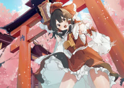 Rule 34 | 1girl, absurdres, bare shoulders, black hair, blush, bow, brown eyes, cherry blossoms, cowboy shot, detached sleeves, frilled skirt, frills, hair bow, hakurei reimu, higa (gominami), highres, japanese clothes, long hair, nontraditional miko, open mouth, red bow, red skirt, ribbon-trimmed sleeves, ribbon trim, sarashi, skirt, smile, solo, torii, touhou, white sleeves, wide sleeves