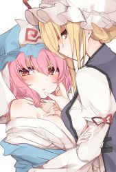 Rule 34 | 2girls, bare shoulders, blonde hair, blue hat, blue kimono, blush, breasts, commentary request, dress, from side, hand on another&#039;s cheek, hand on another&#039;s face, hat, hat ribbon, highres, japanese clothes, juliet sleeves, karasusou nano, kimono, long sleeves, looking at viewer, medium breasts, mob cap, multiple girls, off shoulder, parted lips, pink hair, profile, puffy sleeves, red eyes, red ribbon, ribbon, saigyouji yuyuko, short hair, simple background, tabard, touhou, triangular headpiece, upper body, veil, white background, white dress, white hat, white kimono, yakumo yukari, yuri