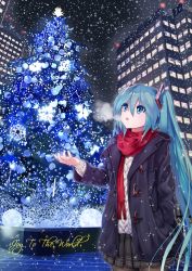 Rule 34 | 1girl, bad id, bad pixiv id, black pantyhose, black skirt, black sky, blue eyes, blue hair, christmas tree, cowboy shot, floating hair, hair between eyes, hand in pocket, hatsune miku, highres, long hair, looking up, miniskirt, night, open mouth, outdoors, pantyhose, pleated skirt, red scarf, scarf, skirt, sky, snowing, solo, standing, steam, sweater, takepon1123, twintails, very long hair, vocaloid, white sweater