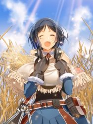 Rule 34 | 00s, 1girl, black gloves, black hair, day, closed eyes, gloves, holding, isara gunther, military, military uniform, murakami yuichi, open mouth, outdoors, senjou no valkyria (series), senjou no valkyria 1, short hair, solo, uniform