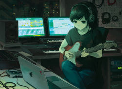 Rule 34 | 1girl, apple inc., black hair, commentary, computer, denim, electric guitar, fender telecaster, guitar, headphones, indoors, instrument, jeans, kensight328, keyboard (instrument), laptop, mixing console, music, night, original, pants, playing instrument, revision, shirt, short hair, sitting, solo, speaker, t-shirt