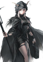 Rule 34 | 1girl, absurdres, arknights, black cloak, black dress, black eyes, breasts, case, cloak, closed mouth, commentary, cowboy shot, demon horns, dress, expressionless, hair between eyes, highres, holding, holding staff, hood, hood up, hooded cloak, horns, jewelry, long hair, looking at viewer, medium breasts, necklace, shining (arknights), silver hair, simple background, solo, staff, strap, t800, thigh strap, thighs, white background, wrist wrap, wristband