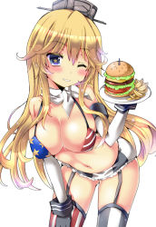 Rule 34 | 10s, 1girl, american flag bikini, bad id, bad pixiv id, bikini, bikini top only, blonde hair, blue eyes, breasts, burger, cleavage, elbow gloves, flag print, food, garter straps, gloves, iowa (kancolle), kantai collection, large breasts, leaning forward, long hair, miniskirt, skirt, solo, star-shaped pupils, star (symbol), striped clothes, striped thighhighs, swimsuit, symbol-shaped pupils, thighhighs, vertical-striped clothes, vertical-striped thighhighs, yoroi nau