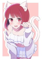Rule 34 | 1girl, absurdres, animal ears, arima kana, blush, bob cut, cat ears, cat girl, cat tail, chouchou aile, commentary, highres, hood, hoodie, inverted bob, open mouth, oshi no ko, pink background, red eyes, red hair, shirt, short hair, simple background, skirt, solo, symbol-only commentary, tail, white hoodie, white shirt, white skirt