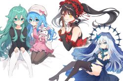 Rule 34 | 4girls, black choker, black hair, black legwear, black shirt, black sleeves, blue eyes, blue hair, blue headwear, bow, breasts, choker, clock eyes, closed mouth, date a live, detached sleeves, dress, floating hair, green eyes, green hair, grin, gun, hairband, handgun, hat, hat bow, heterochromia, highres, holding, holding gun, holding weapon, jacket, lolita fashion, lolita hairband, long hair, long sleeves, messy hair, multiple girls, natsumi (date a live), open clothes, open jacket, open mouth, pantyhose, pink bow, pink dress, red dress, red eyes, red ribbon, ribbon, ribbon-trimmed sleeves, ribbon trim, shirt, short dress, sitting, sleeveless, sleeveless dress, small breasts, smile, straight hair, symbol-shaped pupils, thighhighs, tobiichi origami, tokisaki kurumi, twintails, veil, very long hair, weapon, white background, white hair, white headwear, white jacket, white legwear, yellow eyes, yoshino (date a live), yoshinon, yunweishukuang
