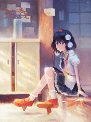 Rule 34 | 1girl, arm support, black hair, black neckwear, black ribbon, black skirt, bobby socks, breasts, cabinet, closed mouth, commentary request, expressionless, fjsmu, geta, hair between eyes, hand fan, hat, hauchiwa, highres, holding, holding fan, indoors, knees up, light particles, light rays, petticoat, plant, plant request, pom pom (clothes), potted plant, puffy short sleeves, puffy sleeves, red eyes, red footwear, red hat, ribbon, shameimaru aya, shirt, short hair, short sleeves, sitting, skirt, small breasts, socks, solo, tengu-geta, tokin hat, touhou, white shirt, white socks, wooden floor