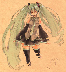 Rule 34 | detached sleeves, closed eyes, frills, green hair, hatsune miku, karezel, long hair, necktie, skirt, solo, thighhighs, twintails, very long hair, vocaloid