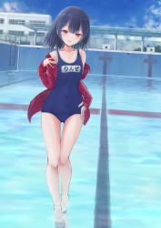 Rule 34 | 1girl, arigato (rmskrtkdlqj), black hair, blush, breasts, empty pool, highres, idolmaster, idolmaster shiny colors, jersey, legs, medium hair, morino rinze, name tag, one-piece swimsuit, open mouth, pool, red eyes, school swimsuit, small breasts, solo, standing, swimsuit, thighs