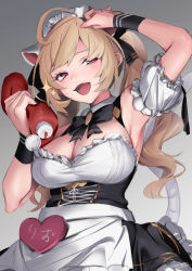 Rule 34 | 1girl, absurdres, ahoge, animal ears, apron, arm up, armpits, ayamori mimi, blonde hair, blush, breasts, cat ears, cat girl, cat tail, detached sleeves, fang, frilled apron, frills, gradient background, heart, highres, ketchup, ketchup bottle, large breasts, long hair, looking at viewer, maid, maid headdress, nijisanji, official alternate costume, open mouth, puffy short sleeves, puffy sleeves, purple eyes, short sleeves, skin fang, solo, sparkle, tail, takamiya rion, twintails, virtual youtuber, waist apron, white apron