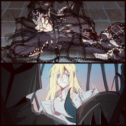 1girl 3boys armor black_hair bleeding blonde_hair blood blood_on_clothes blood_on_face blood_on_hands chain constricted_pupils dragon_girl dragon_horns entangled highres horns injury knight knight_of_the_dawn_(twisted_wonderland) long_hair looking_at_another lying meleanor_draconia multiple_boys on_side pointy_ears purple_eyes reeeeehannnnnn twisted_wonderland