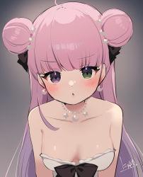 Rule 34 | 1girl, absurdres, bare shoulders, blunt bangs, blush, breasts, crescent, crescent earrings, crescent necklace, double bun, earrings, green eyes, hair bun, heterochromia, highres, himemori luna, himemori luna (4th costume), hololive, jewelry, long hair, looking at viewer, medium breasts, necklace, nyasunyadoora, parted lips, pink hair, purple eyes, sign, simple background, solo, star (symbol), star necklace, underwear, virtual youtuber