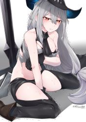 Rule 34 | 1girl, absurdres, arknights, bare arms, bare shoulders, between legs, black gloves, black pants, boots, breasts, clothing cutout, gloves, grey hair, groin, hair between eyes, hat, highres, k0ng, large breasts, long hair, looking at viewer, midriff, necktie, pants, red eyes, shirt, short necktie, sitting, skadi (arknights), solo, tears, thigh cutout, tongue, tongue out, torn clothes, torn shirt, trembling, twitter username, very long hair, wariza, witch hat