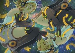 Rule 34 | 1boy, 1girl, arm warmers, bare shoulders, black thighhighs, blonde hair, brother and sister, closed eyes, detached sleeves, fetal position, hair ornament, hair ribbon, hairclip, headphones, kagamine len, kagamine len (append), kagamine rin, kagamine rin (append), leg warmers, nail polish, navel, popped collar, ribbon, short hair, shorts, siblings, thighhighs, twins, vinhnyu, vocaloid, vocaloid append, yellow eyes