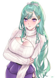 Rule 34 | 1girl, bow, breasts, cleavage, cleavage cutout, closed mouth, clothing cutout, earrings, green hair, hair bow, hair ornament, hairclip, highres, jewelry, large breasts, lips, long hair, looking at viewer, me ao (many blue leaves), mole, mole on breast, purple eyes, ribbed sweater, simple background, solo, sweater, virtual youtuber, vspo!, white background, white bow, white sweater, yakumo beni, yakumo beni (3rd costume)