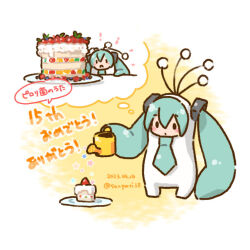 Rule 34 | 1girl, anniversary, antennae, aqua hair, aqua necktie, black eyes, blush stickers, cake, chibi, commentary, cosplay, cream, dated, food, fruit, hair ornament, hatsune miku, holding, holding watering can, imagining, kigurumi, layer cake, long hair, necktie, notice lines, plate, prehensile hair, pylori kin no uta (vocaloid), sanpati, solid oval eyes, solo, speech bubble, star (symbol), strawberry, thought bubble, translated, twintails, twitter username, very long hair, vocaloid, watering, watering can
