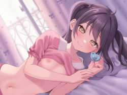 Rule 34 | 1girl, black hair, breasts, closed mouth, curtains, highres, holding pacifier, indoors, looking at viewer, lying, navel, nipples, on side, original, pacifier, pajamas, pajamas lift, pink pajamas, short hair, small breasts, smile, solo, takio (kani sama), twintails, window, yellow eyes