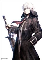 Rule 34 | 1boy, black border, blue eyes, border, charles-henri sanson (fate), closed mouth, coat, commentary request, fate/grand order, fate (series), fingernails, hair between eyes, hand in pocket, high collar, holding, holding sword, holding weapon, k-suwabe, long sleeves, looking at viewer, male focus, necktie, red necktie, simple background, solo, standing, sword, weapon, white background, white hair