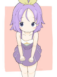 Rule 34 | 1girl, :o, absurdres, bare arms, bare shoulders, blush stickers, breasts, brown background, cleavage, collarbone, commentary request, dress, feet out of frame, forehead, hair ribbon, highres, hiiragi tsukasa, looking at viewer, lucky star, parted bangs, parted lips, pleated dress, purple dress, purple eyes, purple hair, ribbon, rururu (pyrk8855), sleeveless, sleeveless dress, small breasts, solo, standing, two-tone background, white background, yellow ribbon