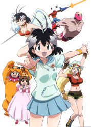 Rule 34 | 2boys, 5girls, \m/, angel wings, animal costume, arcade gamer fubuki, armband, armpit peek, arms up, bikini, bikini top only, black hair, blonde hair, blue eyes, breasts, cleavage, clenched hands, collar, cowboy hat, dress, fingerless gloves, gloves, green eyes, gun, halterneck, halterneck, hanako kokobunji, hat, high heels, highres, juumonji chizuru, large breasts, long hair, long sleeves, looking at viewer, mask, melody honey, mr.mystery, multiple boys, multiple girls, muscular, official art, open mouth, outstretched arm, pleated skirt, puffy sleeves, sakuragasaki fubuki, short hair, short shorts, short sleeves, shorts, simple background, skirt, spiked collar, spikes, swimsuit, weapon, white background, wings, wrestler