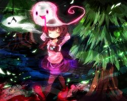 Rule 34 | 1girl, amo (shibu3), arms behind head, arms up, braid, brown hair, closed eyes, forest, ghost, madotsuki, musical note, nature, pink shirt, purple skirt, shirt, skirt, smile, socks, solo, sweater, tree, twin braids, yume nikki