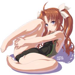 Rule 34 | 1girl, alternate costume, ass, bare arms, bare legs, bare shoulders, barefoot, black one-piece swimsuit, blush, breasts, brown hair, competition swimsuit, curled up, dd (ijigendd), hair ribbon, highleg, highleg swimsuit, highres, holding leg, kagerou (kancolle), kantai collection, long hair, looking at viewer, lying, mons pubis, multicolored clothes, multicolored swimsuit, on back, one-piece swimsuit, ribbon, simple background, spread legs, swimsuit, twintails, white background, white ribbon