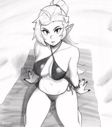 Rule 34 | 1girl, ahoge, artist name, bare shoulders, bikini, blanket, bracelet, breasts, collarbone, commentary, criss-cross halter, greyscale, hair ornament, hairclip, halterneck, highres, jewelry, large breasts, long hair, mole, mole under eye, monochrome, nail polish, navel, original, parted lips, pointy ears, rob ishi, side-tie bikini bottom, sitting, solo, stomach, swimsuit