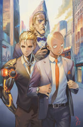 Rule 34 | 3boys, alternate costume, bald, belt, black sclera, blonde hair, bow, bowtie, building, city, cloud, colored sclera, cyborg, formal, genos, hair slicked back, hand in pocket, handheld game console, hands in pockets, kakiman, king (one-punch man), lens flare, long sleeves, looking at viewer, male focus, manly, multiple boys, necktie, one-punch man, open mouth, saitama (one-punch man), short hair, signature, sky, skyscraper, sparkle, suit, traditional bowtie, watch, wristwatch, yellow eyes