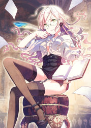 Rule 34 | 1girl, black thighhighs, blonde hair, book, corset, crossed legs, garter straps, glasses, green eyes, h2so4, high heels, holding, holding book, kaku-san-sei million arthur, looking at viewer, million arthur (series), open book, paper, quill, shoes, sitting, smile, solo, stool, thighhighs