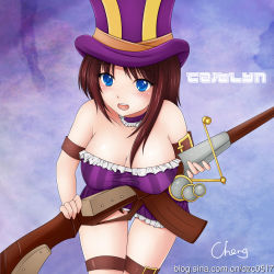 Rule 34 | 1girl, absurdres, bare shoulders, belt, blue eyes, blush, breasts, brown hair, caitlyn (league of legends), character name, cheng, cleavage, collar, dress, female focus, frills, gradient background, gun, hat, highres, large breasts, league of legends, open mouth, rifle, shirt, signature, solo, taut clothes, taut shirt, thigh gap, thighs, weapon