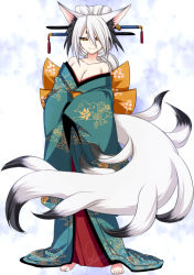 Rule 34 | 1girl, animal ears, barefoot, blue kimono, breasts, bright pupils, cleavage, closed mouth, commentary request, fox, fox ears, fox tail, full body, hair bun, hair ornament, hairpin, japanese clothes, kimono, konshin, large breasts, long sleeves, looking at viewer, obi, off shoulder, orange eyes, original, sash, short eyebrows, short sword, single hair bun, smile, solo, standing, sword, tail, tantou, weapon, white hair, wide sleeves