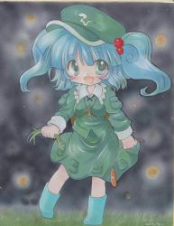 Rule 34 | 1girl, blue hair, boots, cattail, dress, grass, green dress, green eyes, hat, kawashiro nitori, plant, rie (ae10171), shikishi, smile, solo, touhou, traditional media, twintails, two side up