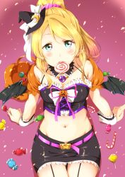 Rule 34 | 10s, 1girl, aqua eyes, ayase eli, bare shoulders, bat wings, belt, blonde hair, blue eyes, blush, breasts, candy, cleavage, food, food in mouth, garter straps, hair ornament, hair scrunchie, halloween, halloween costume, hat, highres, ksk (semicha keisuke), lollipop, long hair, looking at viewer, love live!, love live! school idol festival, love live! school idol project, midriff, mini hat, mini witch hat, miniskirt, mouth hold, navel, ponytail, scrunchie, sitting, skirt, solo, swirl lollipop, wings, witch hat, wrist cuffs