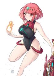 Rule 34 | 1girl, breasts, chascoby, fire, highres, large breasts, one-piece swimsuit, pyra (pro swimmer) (xenoblade), pyra (xenoblade), red hair, short hair, smile, solo, swimsuit, sword, thighs, weapon, xenoblade chronicles (series), xenoblade chronicles 2
