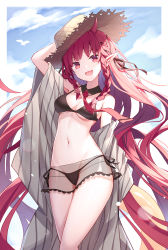 Rule 34 | 1girl, :d, arknights, arm up, armpits, bare shoulders, bikini, black bikini, braid, breasts, cleavage, cloud, detached collar, fang, floating hair, groin, hair ornament, hair ribbon, hat, highres, horns, innertube, long hair, looking at viewer, medium breasts, miniskirt, navel, necktie, off shoulder, official alternate costume, open mouth, pointy ears, quan (kurisu tina), red eyes, red hair, ribbon, see-through, side-tie bikini bottom, sidelocks, skirt, smile, solo, standing, star (symbol), star hair ornament, stomach, straw hat, swim ring, swimsuit, thighs, twin braids, very long hair, vigna (arknights), vigna (casual vacation) (arknights)