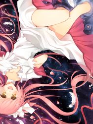 Rule 34 | 10s, allenkung1, dress, feathers, gloves, highres, kaname madoka, long hair, lying, mahou shoujo madoka magica, mahou shoujo madoka magica (anime), no legwear, on back, petals, pink hair, solo, spoilers, ultimate madoka, upside-down, water, white dress, white gloves, yellow eyes