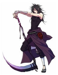 Rule 34 | 1boy, black hair, full body, lily (artist), lowres, male focus, mask, naruto (series), naruto shippuuden, scythe, simple background, solo, uchiha madara, weapon, white background