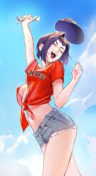 Rule 34 | 1girl, absurdres, ass, breasts, cleavage, cloud, cowboy bebop, crop top, cutoffs, denim, denim shorts, faye valentine, from below, hairband, happy, hat, highres, laughing, legs, limart, lipstick, makeup, medium breasts, midriff, navel, no bra, open clothes, open mouth, open shirt, outdoors, purple hair, short hair, short shorts, shorts, sketch, sky, small breasts, smile, solo, stomach, teeth, torn clothes, yellow hairband