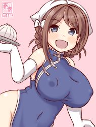 Rule 34 | 1girl, alternate costume, artist logo, bandana, blue dress, blush, braid, braided hair rings, breasts, brown hair, china dress, chinese clothes, chougei (kancolle), covered erect nipples, cowboy shot, dated, dress, dumpling, elbow gloves, food, gloves, gradient background, grey eyes, hair flaps, hair rings, kanon (kurogane knights), kantai collection, large breasts, long hair, one-hour drawing challenge, open mouth, pink background, plate, smile, solo, twin braids, waitress, white gloves
