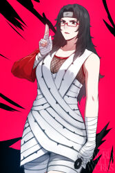 1girl bespectacled black_hair commentary dress english_commentary fishnets forehead_protector glasses highres holding holding_weapon konohagakure_symbol kunai long_hair naruto naruto_(series) rectangular_eyewear red_eyes reverse_grip semi-rimless_eyewear solo swordwaltz under-rim_eyewear weapon white_dress wrist_wrap yuuhi_kurenai